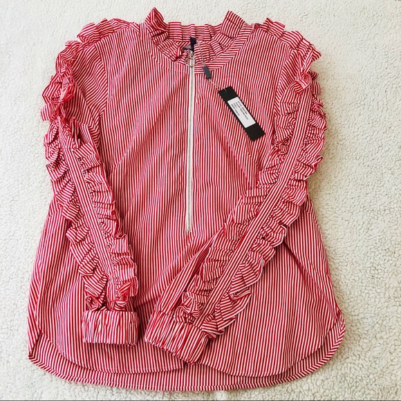 NWOT greysn Red And White Ruffles Striped Shirt - Picture 2 of 5